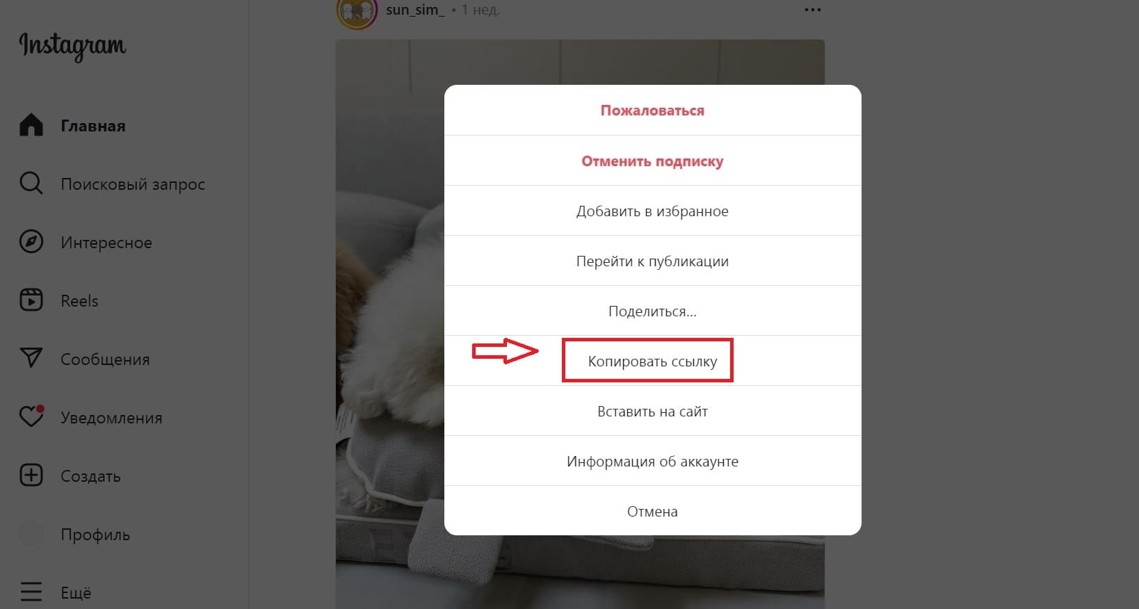 Скопируйте в Instagram ссылку на пост